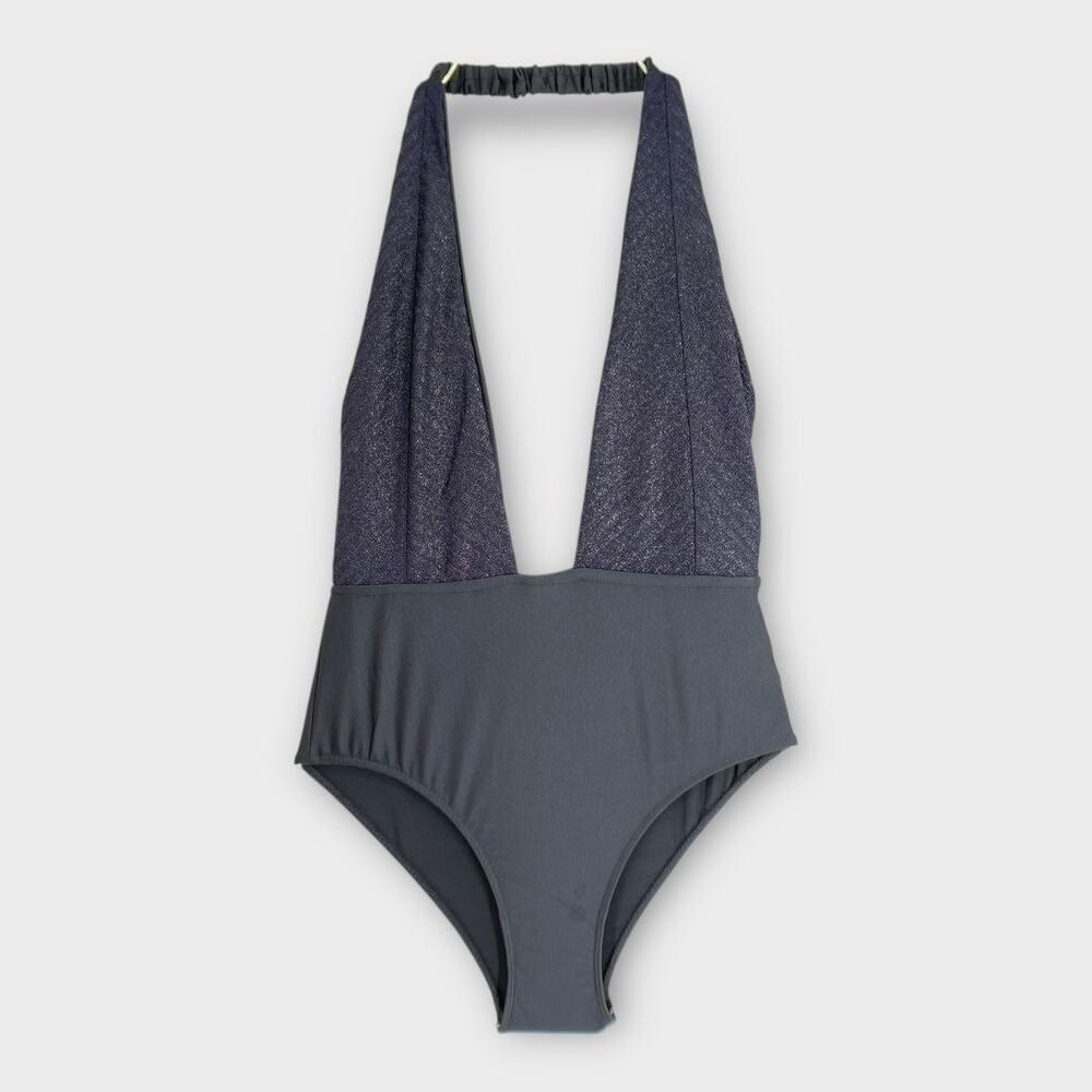 NWT UO Out From Under All That Glitters Plunge Halter Bodysuit Gray Small